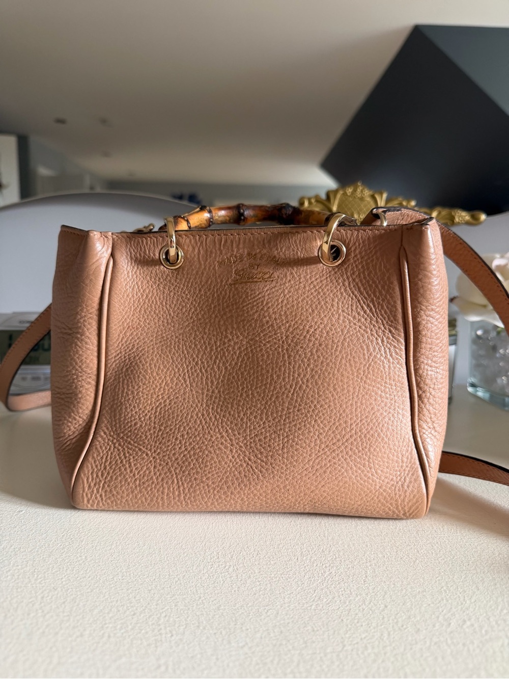 Gucci calfskin Leather Bamboo-Handle mini shopper tote satchel in Tan/nude color